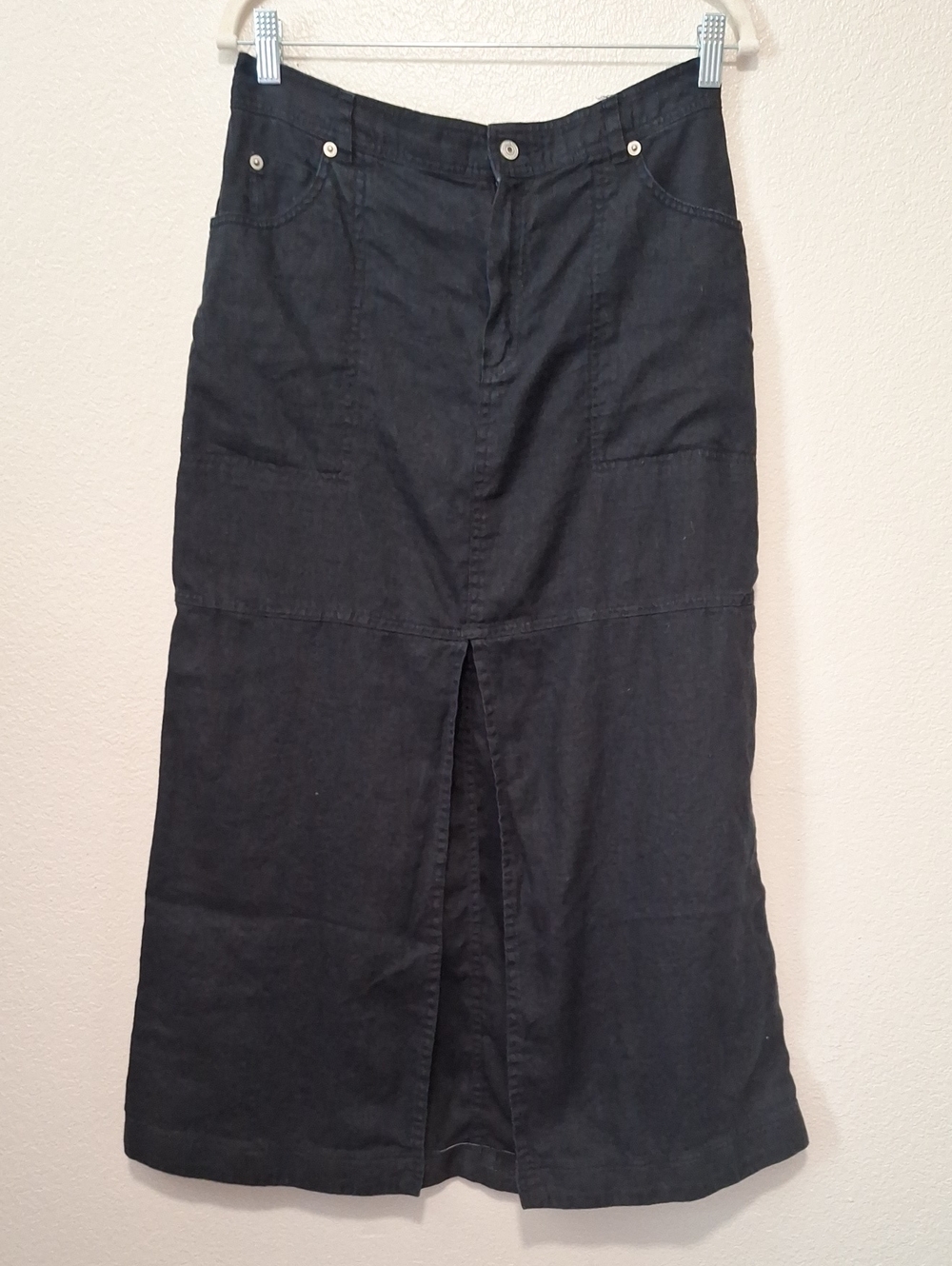 European Flax Black Maxi Skirt with Front Slit, Size Large